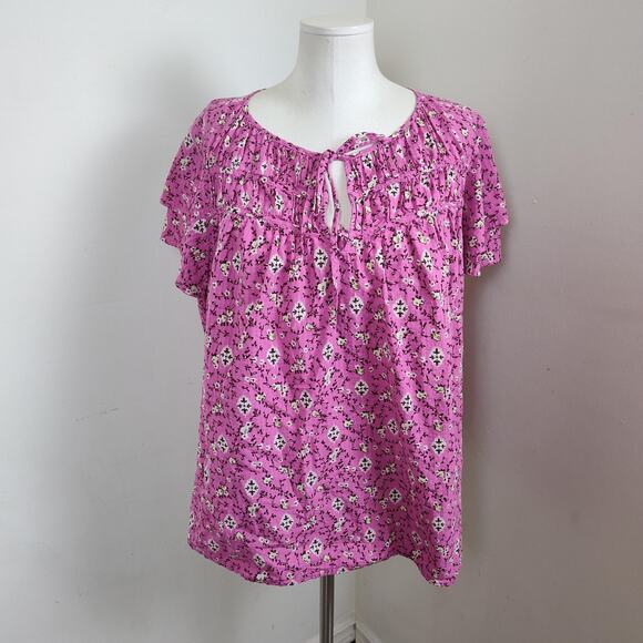 Lane Bryant Shirt Womens Plus Size 24 Pink Floral Flutter Sleeve Tie Neck Boho - Picture 3 of 15